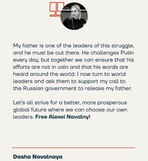 Alexei Navalny Instagram - Вчера вышла моя колонка в журнале @TIME, в том числе и о тюремных условиях содержания папы. Сегодня у него был суд о невыдаче ему зимних сапог. Представляете?! В 21 веке заключенный в России должен судиться, чтобы ему выдали зимнюю обувь ! 

Спасибо всем за теплые слова, поддержку и распространение колонки. Я написала её не только потому, что хочу снова стоять так у моря и болтать с папой. А, хотя очень хочу. Главное - невиновный человек должен быть на свободе.

Давайте бороться вместе. Свободу Алексею Навальному!

И если вы её ещё не прочитали - ссылка у меня в био🫶

______________

Yesterday, @time magazine published my column, including where I talked about my dad’s prison conditions. Today, he had a court hearing on not being given winter boots. Can you imagine?! In the 21 century, a prisoner in Russia has to sue to receive winter shoes !

Thank you all for the kind words, support, and sharing the column. I wrote it not only because I want to stand and chat with my dad like that again. Although, I very much do. The main reason is because every innocent person must be free.

Let’s fight this fight together. Free Alexey Navalny!

And if you haven’t read it yet - the link is in my bio🫶