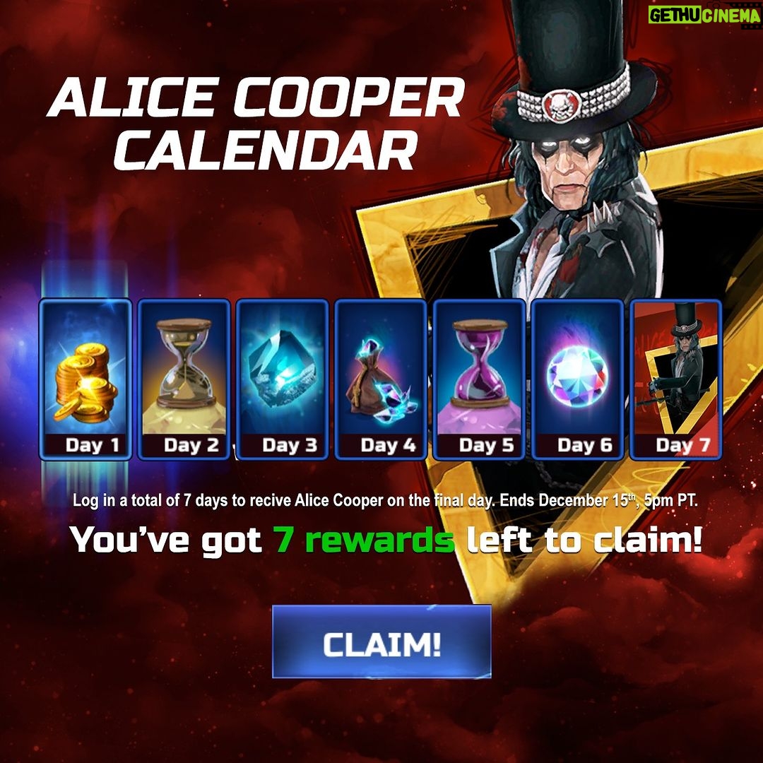 Alice Cooper Instagram - Get Alice Cooper for FREE by logging in any 7 days between now and December 15th from the Legacy of the Beast collaboration calendar! Have you battled with Alice Cooper in the Road Rats Forever Dungeon event? https://bit.ly/RoadRatsForeverDungeon