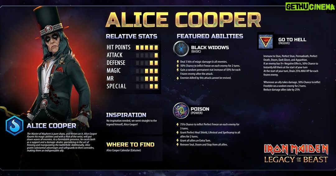 Alice Cooper Instagram - Alice Cooper is an extremely powerful Master of Mayhem who thrives on Chaos! He excels both as a support and a damage-dealer, specializing in the art of freezing and manipulating the battlefield. Get more info on Alice Cooper from his Character Card! š: https://ironmaidenlegacy.com/portfolio_page/alice-cooper-collaboration/