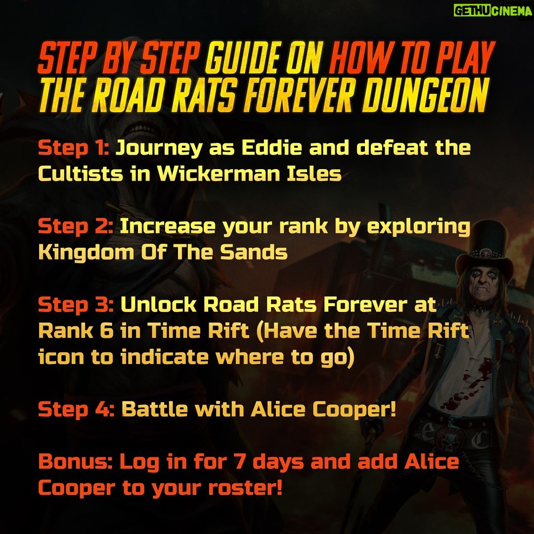 Alice Cooper Instagram - If you're NEW to Legacy of the Beast, download the game NOW and prepare for an epic adventure! Here's a quick guide to get started on your journey and how to jump in to the Alice Cooper dungeon event "Road Rats Forever"! ππ₯ π https://bit.ly/RoadRatsForeverDungeon