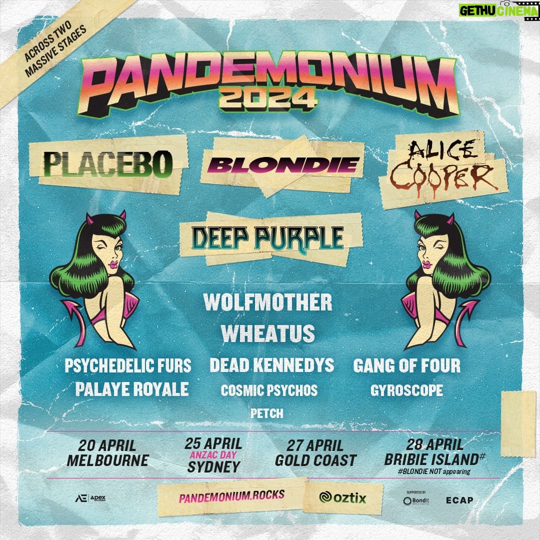 Alice Cooper Instagram - Unleashing the ultimate rock experience across two massive stages! @pandemoniumrocks is Australia's newest festival - a rock fans nightmare come true with four shows in eight days. Pre-sale tickets available 22 January at 9a local time. Visit https://www.pandemonium.rocks to get yours 20 April - Melbourne (Caribbean Gardens) 25 April - Sydney (The Domain) 27 April - Gold Coast (Doug Jennings Park) 28 April - Bribie Island (Sandstone Point Hotel)