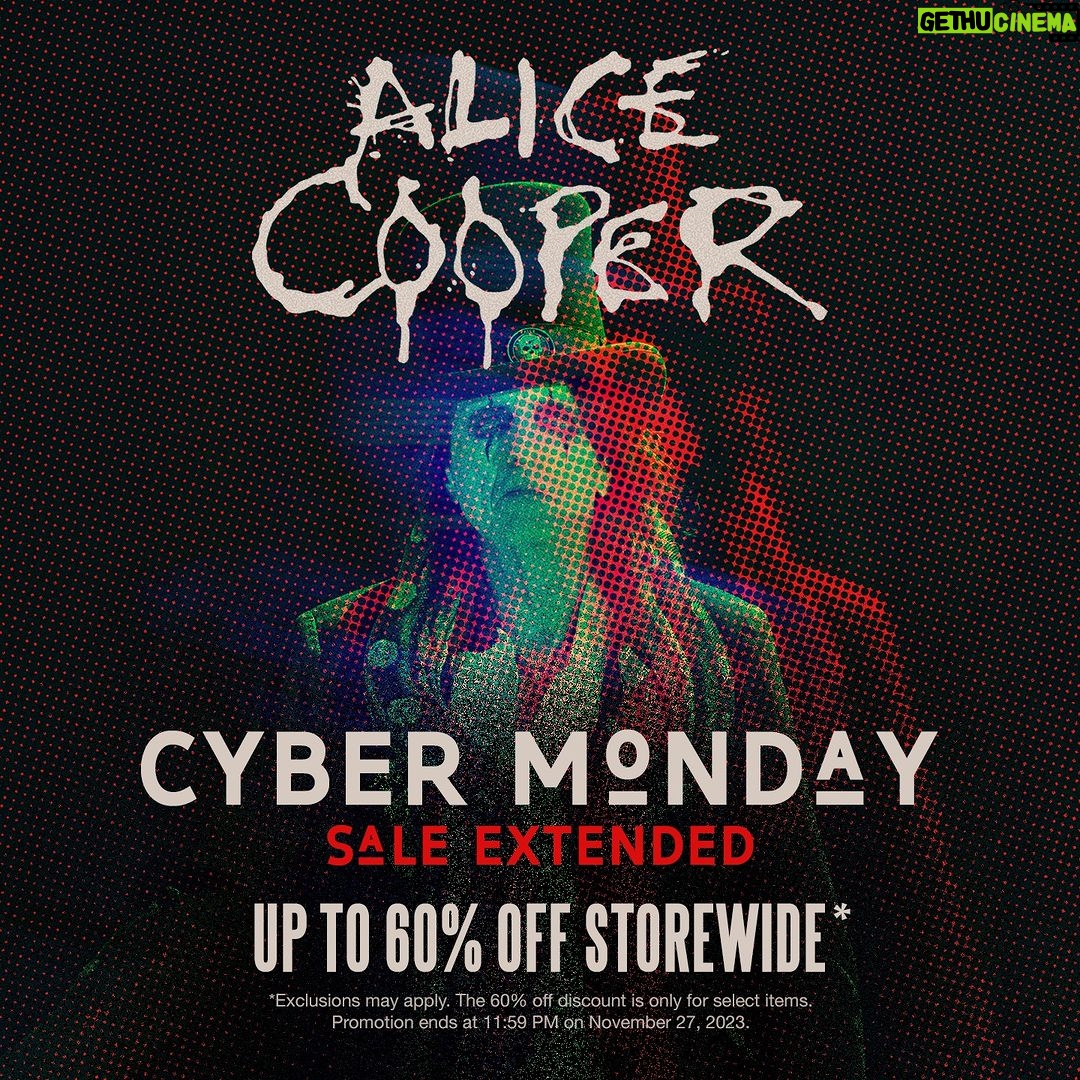 Alice Cooper Instagram - Just when you thought it was over, the gift keeps on giving. Score up to 60% off storewide Cyber Monday. But hurry, this sale ends tonight! 🔗: https://www.shop.alicecooper.com
