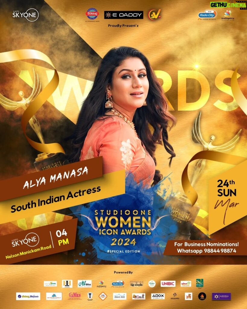 Alya Manasa Instagram - Happy To Have Our Very Own! Most Celebrated @alya_manasa There Is No Force Equal To A Woman! Determined To Raise! @maethirajulunaidu @svtv_official @edaddy Proudly Present’z Studio One Women Icon Award’z 2024 #specialedition Kollywood | Influencers | Business Powered By! @indiaglitz_tamil @radiocitytamil_ @smart_decors.in @maduraikaarainga2023 @nubliss_ @aquazooaquasystems @clintonparkinn @unibiccookiesindia @nammafoodpark_chennai @antonymusicals @clickfactory_photography @krishnatrophy27 @kozhi_in @adox_cinematics @ashokarsh @teddybeer.chennai @aurorafootreflexology For Nomination! 98844 98874 Categories! Entertainment | Business | Makeover | Fashion | Sports An @indiaglitz_tamil Exclusive March 24 | @ampaskyone | 4pm Ofiicial Space Partner @ampaskyone