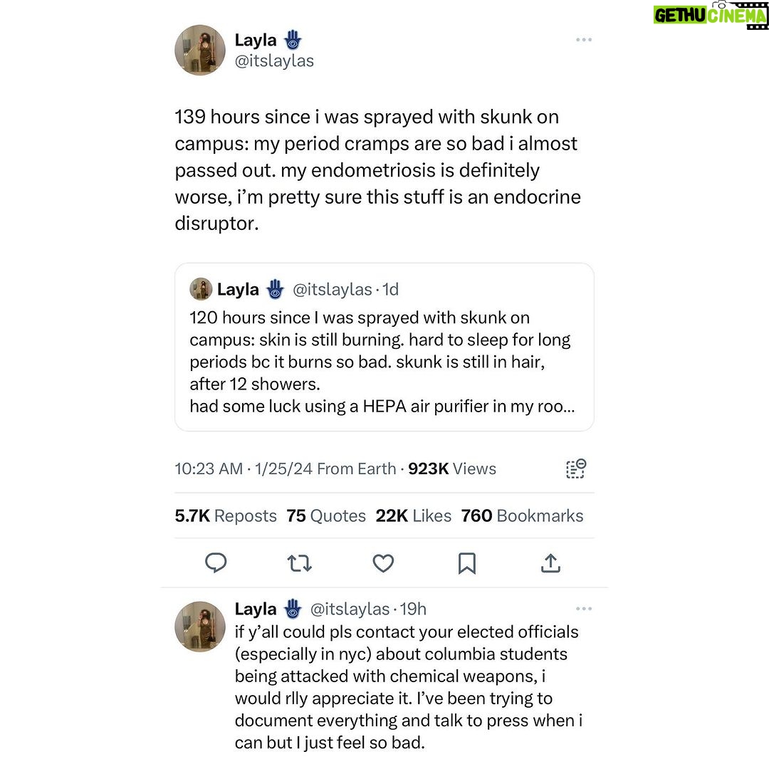 Amanda Seales Instagram - It’s been 140+ hours since @columbia student @itslaylas__ was sprayed with Skunk on campus. “Skunk is a malodorant, non-lethal weapon used for crowd control by the Israel Defense Forces (IDF).” 🚨: “if y’all could pls contact your elected officials (especially in nyc) about columbia students being attacked with chemical weapons, i would rlly appreciate it.” - @itslaylas__ _ _ _ tweet: @Crypt_phantom17