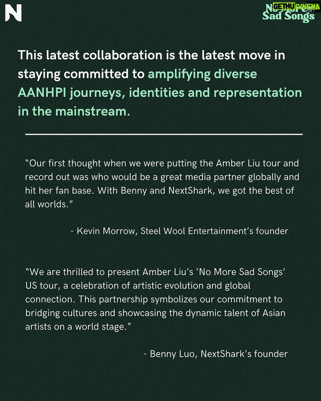 Amber Liu Instagram - NextShark is proud to be a presenting sponsor of Amber Liu’s “No More Sad Songs” Tour in the U.S. - @amberliu 's first-ever global solo headlining tour! The U.S. tour starts January 17 in Seattle. Check out the other tour stops before it’s too late 🌟 🎟️tickets are on sale NOW! linktr.ee/amber.liu🎟️ #amberliu #asianartist #nomoresadsongs #steelwoolentertainment #nextshark #asianrepresentation #UStour #tourdates #2024tour