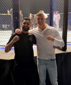 Amir Khan Instagram - With @jake.brocklesby1 in Abu Dhabi. Met the main man @danawhite  at Ufc 294 weigh in. Mega fights tomorrow, - Makhachev vs volkanovski 2. Usman vs Chimaev 
Who you got? @ufc