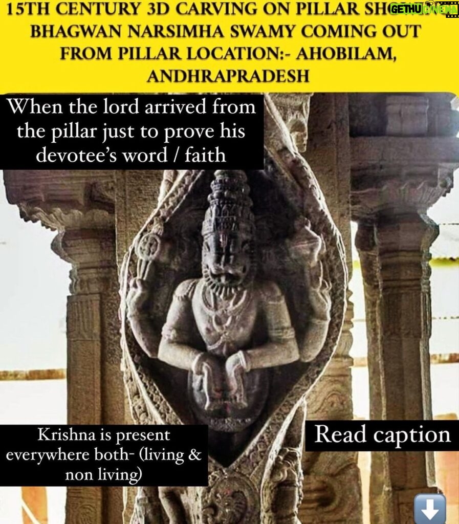 Anagha Bhosale Instagram - Hiranyakashipu challenged Prahlad asked where his Narayana can be found. Prahlad replied “My Vishnu is omnipresent and there is not a single place Narayana is not found”. The King was furious and got up from his throne and asked Prahlad “Can you show me your Vishnu in this pillar as well?” Prahlad said “Yes, He is!” The King hit the pillar strongly with his mace. With a thundering sound the pillar cracked and Lord Vishnu appeared in the form of Lord Narasimha – the half man half lion form. The furious Narasimha grabbed Hiranyakasipu, pulled him to his lap and tore open his body with his claws to kill the asura. Picture of Lord Narasimha Killing Hiranyakashipu, Prahlada nearby Lord Narasimha took this way to kill Hiranyakashipu so that Lord Brahma’s boon could not be offended. As Hiranyakashipu’s death wish and Brahma’s boon, Lord Narasimha was neither a man nor an animal, the time was twilight neither day nor night, he sat on the threshold of the room keeping the body of the Rakshas Hiranyakashipu on thighs, used his nails to kill the demon instead of astra or sasthra. After killing the demon Hiranyakashipu Lord Narasimha was furious and was pacified when his devotee Prahlad touched his feet. Prahlad was crowed as the next King by Lord Narasimha.
