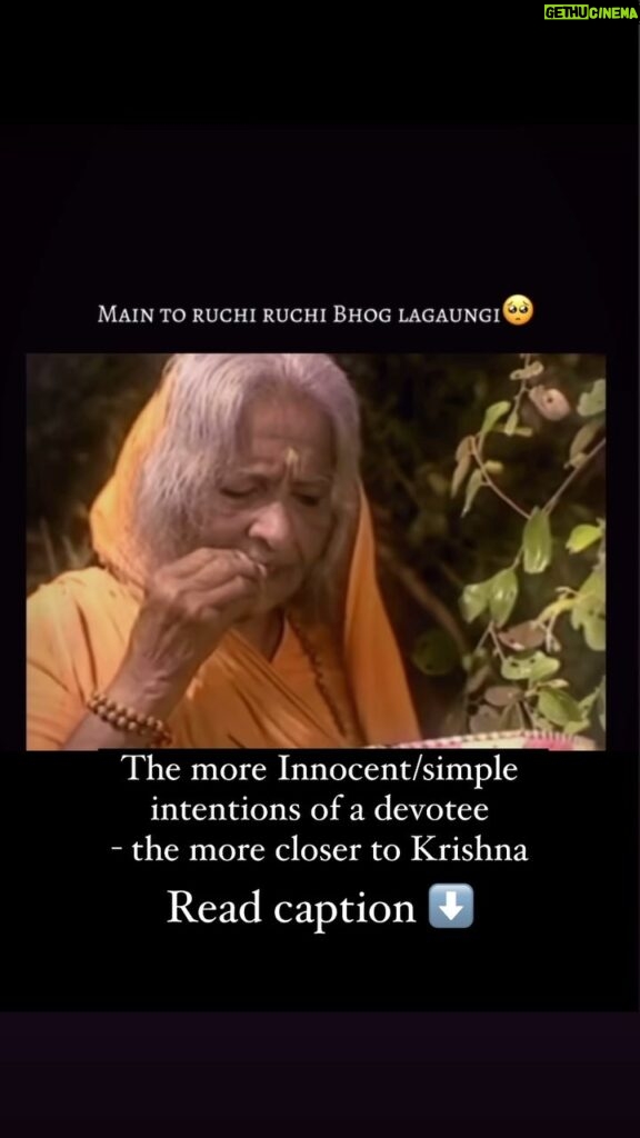 Anagha Bhosale Instagram - A Innocent heart of a devotee is always close to Krishna He always sees the intention behind the action…. ….Shabri was a simple & innocent devotee of krishna who waited for the lord to arrive since so many years , many of the people around her who had riches claimed that Ramji will come to their house & insulted her….but she still didn’t leave faith that her lord will arrive….when the lord arrived he deliberately went to the houses who insulted Shabri & asked for directions to her home , later Lord Rama ate fruits offered by Shabri which were already tasted by her ….the lord sees the intentions not action, she intended to give him only sweet fruits & threw the sour fruits away….krishna is always impressed by innocence & simplicity of a devotee. Shabri’s faith was tested…..but won the lord’s heart by her undivided faith, innocence & simplicity, krishna has everything in fact everything is his….all he wants is love from his devotees….moral of the story-whatever u offer to the lord just offer it with devotion 🦚♥✨