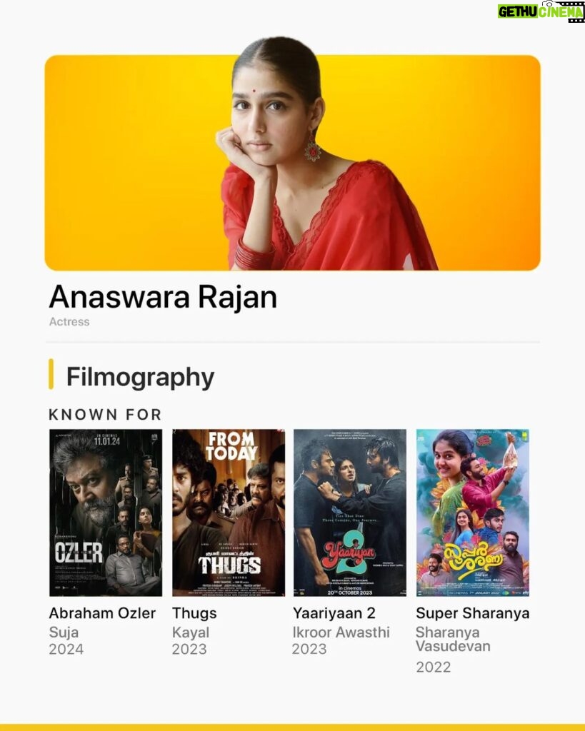 Anaswara Rajan Instagram - With her recent performances in Neru and Abraham Ozler, both running in theatres currently, discover more of @anaswara.rajan movies with our 'Known For' and revamp your watchlist 🎬🌟 🎬: Abraham Ozler | In Theatres Thugs | JioCinema Yaariyaan 2 Super Sharanya | Zee5