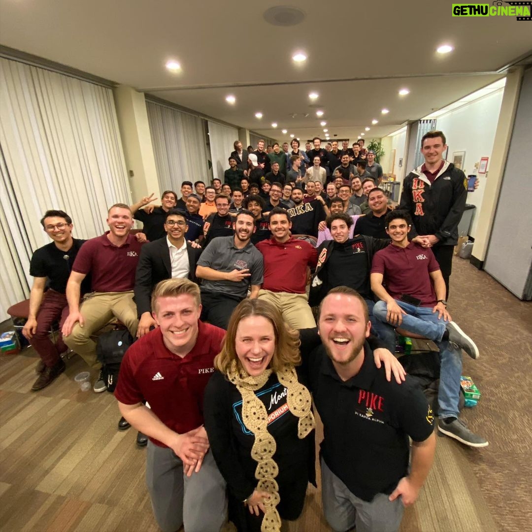 Andrea Barber Instagram - Thank you to our good friend @adamcullen0 for inviting us to @pikecpp’s chapter meeting tonight! What a great group of young men - and thank you for supporting Girl Scouts! 💚 #PIKECares #ΠΚΑ #ΚΨ Cal Poly Pomona