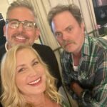 Angela Kinsey Instagram - Old friends. New friend. Day 2 hair. 🥰 1- Awesome weekend catching up with Steve and @rainnwilson and learning about the amazing work the folks @lidehaiti and Rainn and his wife, Holly are doing!❤️ 2- This praying mantis hung out by our trampoline all weekend. Is this good luck?? 3- Second day event hair is my favorite. Even though all I did was run errands and clean… I felt fancy. Thx @rachelleblanco ! #happymonday #hugsfrommetoyou❤