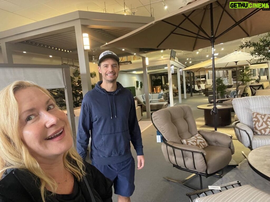 Angela Kinsey Instagram - First ones at the patio furniture store! Did we arrive so early that we had to sit in our minivan until they opened their doors… yep. Was there a floor model sale we had our eye on… you betcha. Did we get a deal…we think so plus the sales lady, Judy, gave us a complimentary measuring tape to take home and a nice pen. #winning (zoom on Josh’s face to see his excitement for patio furniture 😂❤)