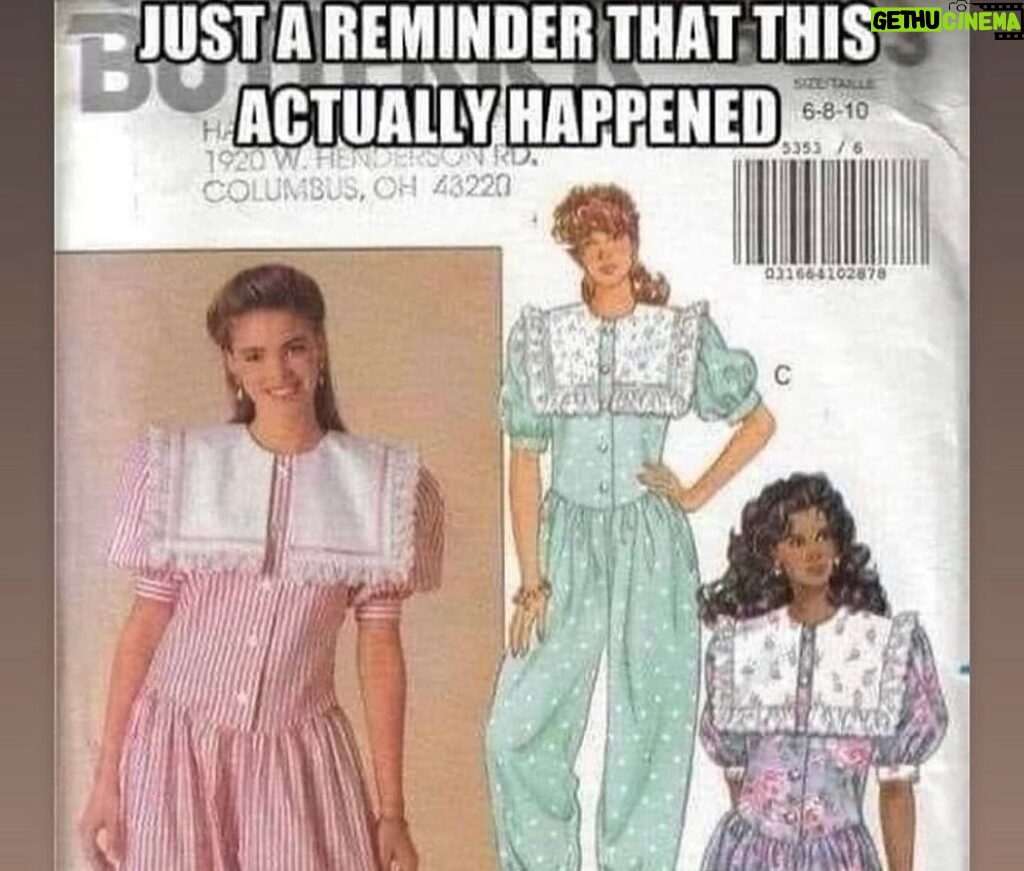 Angela Kinsey Instagram - My Mom had all the 80’s sewing patterns. What was this fashion trend?? Also… my hair! Thanks to my friend, Kerensa, for sending me this picture! I was clearly a fan of this enormous collar romper dress look.