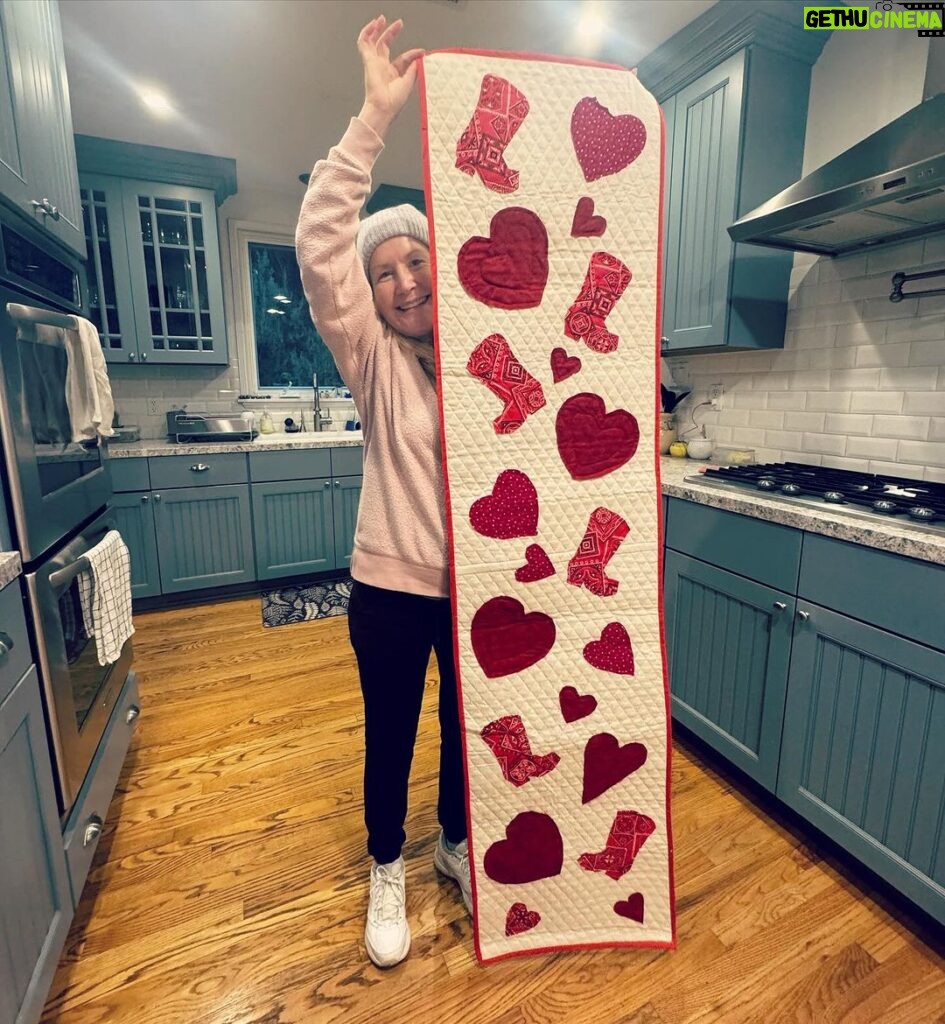 Angela Kinsey Instagram - Valentine’s Day table runner sewn by my Momma! Thanks Mom! I love it! ❤ (I get so excited when I get a package from her because it’s always something fun and homemade!)