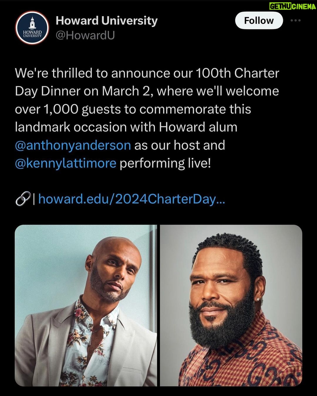 Anthony Anderson Instagram - I so look forward to joining @howard1867 for the 100th Charter Day Dinner as @anthonyanderson hosts and I perform live with over 1000 guests in attendance to mark this landmark occasion! Cant wait to see so many of you there! #howarduniversity #howard #howardalumni @howard1867alumni