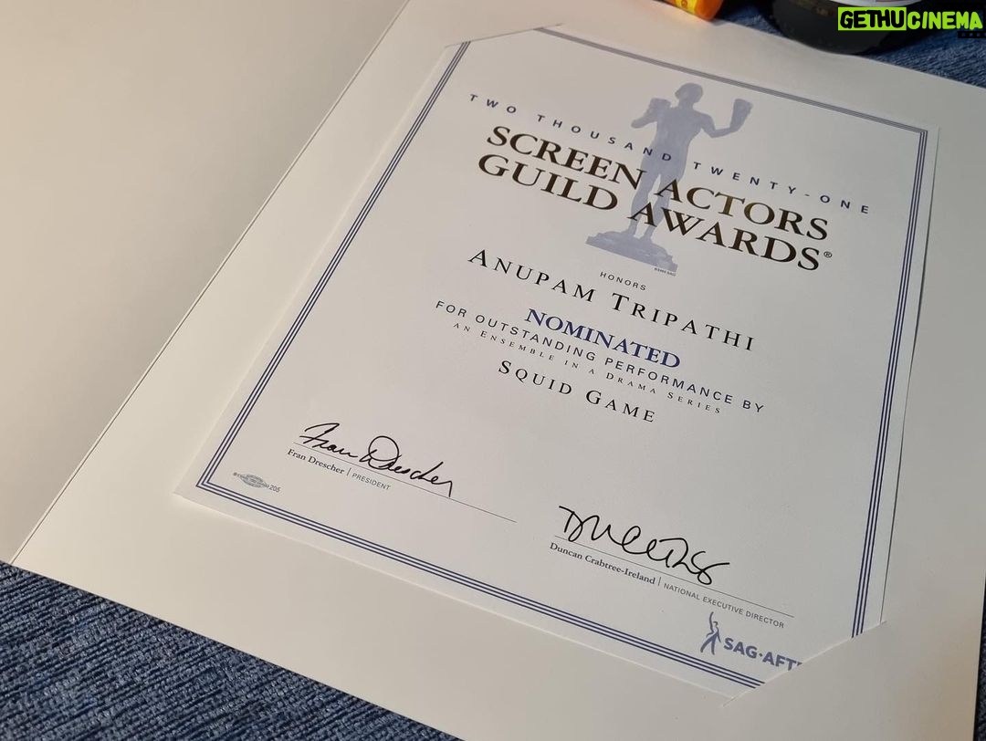 Anupam Tripathi Instagram - I feel honored,humbled,blessed and great to be nominated in the Screen Actor’s Guild awards 2021 in an ensemble cast of SquidGame for an outstanding performance in drama series As an actor to be nominated in screen actor’s guild awards means world to me alongside with my dream team of SquidGame who made my each moment on the set unforgettable. The greats of Korean film and drama industry whom I see on screen and learn to this day has given me support to perform with joy in SquidGame and treated me as family all the way from the word go :-) As an Indian actor working in Korea and getting the recognition and appreciation in One of the prestigious award show (SAG awards) in the world for actors says it all that “dreams do come true”. I take immense pride in saying that I am also a SAG award nominee for the outstanding performance in the ensemble cast of drama series SquidGame . And I am looking forward to see all my favourite actors with eagerness who all are nominated in sag awards 2021:-) I want to take this opportunity to congratulate all the nominees in SAG awards 2021 from the bottom of my heart :-) This recognition and appreciation is the result of the hard work of each and every member of cast and crew of SquidGame who held their hands together and work shoulder to shoulder to bring out the best story of the people for the people :-) #sagawards @sagawards @squidgamenetflix @netflixkr