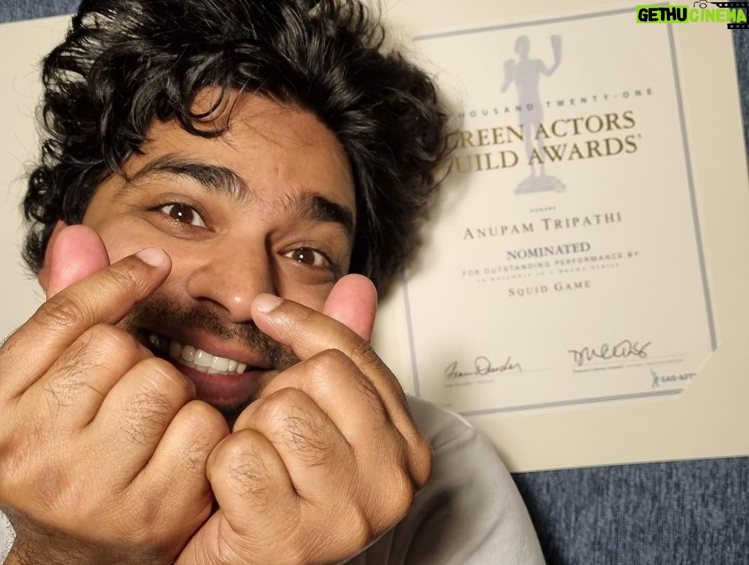 Anupam Tripathi Instagram - I feel honored,humbled,blessed and great to be nominated in the Screen Actor’s Guild awards 2021 in an ensemble cast of SquidGame for an outstanding performance in drama series As an actor to be nominated in screen actor’s guild awards means world to me alongside with my dream team of SquidGame who made my each moment on the set unforgettable. The greats of Korean film and drama industry whom I see on screen and learn to this day has given me support to perform with joy in SquidGame and treated me as family all the way from the word go :-) As an Indian actor working in Korea and getting the recognition and appreciation in One of the prestigious award show (SAG awards) in the world for actors says it all that “dreams do come true”. I take immense pride in saying that I am also a SAG award nominee for the outstanding performance in the ensemble cast of drama series SquidGame . And I am looking forward to see all my favourite actors with eagerness who all are nominated in sag awards 2021:-) I want to take this opportunity to congratulate all the nominees in SAG awards 2021 from the bottom of my heart :-) This recognition and appreciation is the result of the hard work of each and every member of cast and crew of SquidGame who held their hands together and work shoulder to shoulder to bring out the best story of the people for the people :-) #sagawards @sagawards @squidgamenetflix @netflixkr
