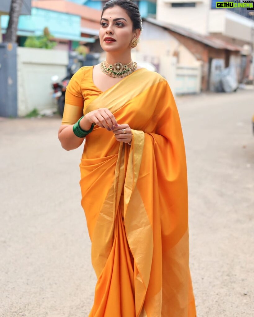 Anusree Instagram - Sarees bring a timeless grace to my style, making each day special..... 💛💛💛 Click @mahesh_bhai MaH @pinkyvisal Neckpieces @varuthri_findings