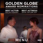 Anya Taylor-Joy Instagram - My goodness🙊🔪🩸 Thank you so much @goldenglobes for showing love to our weird, wonderful creature of a movie… all my love to our unbelievable cast and crew and a huge congratulations to the man himself, Mr Ralph Fiennes. It is an honour and a privilege to share a stage and life with you :) EEEK! @searchlightpics @themenufilm