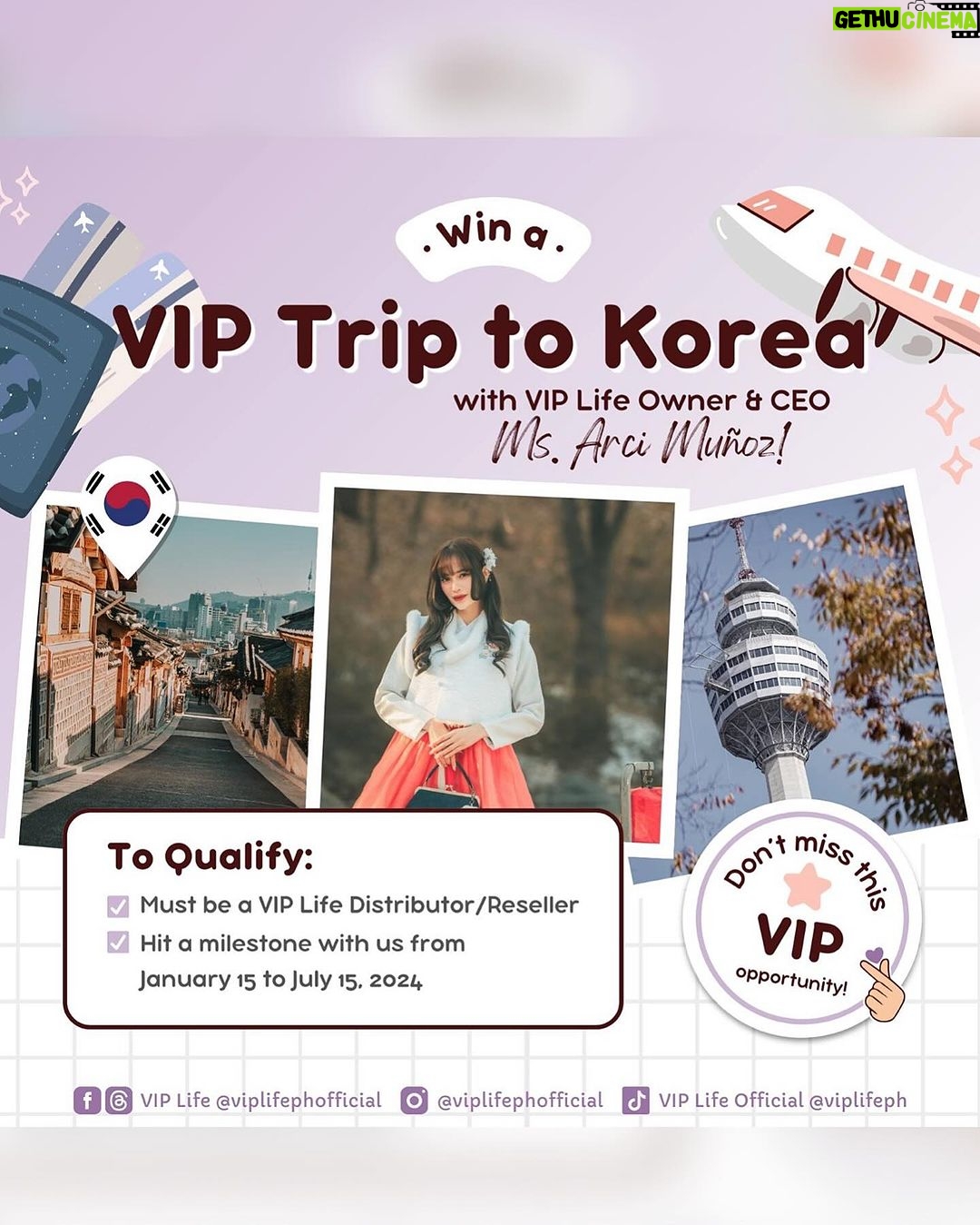 Arci Muรฑoz Instagram - ๐ป๐๐ ๐๐๐๐๐๐๐๐๐๐๐ ๐๐ ๐๐๐๐๐ ๐๐! ๐๐๐ Be part of the #vipclub and get the chance to come with us to #southkorea may negosyo ka na nakapag korea ka pa! Itโs party time at VIP Life CEOโs crib because itโs their birth month! And guess what? The VIP Club is heading to South Korea, baby! ๐ฐ๐ท๐ฐ๐ท๐ฐ๐ท This is your chance to join the club and score a trip to SoKor with none other than the fabulous Ms. Arci Muรฑoz . Donโt miss out on this once-in-a-lifetime adventure! โ๏ธโ๏ธโ๏ธ ๐๐๐๐๐๐๐๐๐: Follow us! @viplifephofficial 1) You must be a ๐ง๐๐จ๐๐ก๐ก๐๐ง ๐ค๐ง ๐๐๐จ๐ฉ๐ง๐๐๐ช๐ฉ๐ค๐ง ๐ฉ๐ค ๐ฆ๐ช๐๐ก๐๐๐ฎ. 2) Hit the target sales from ๐
๐๐ฃ๐ช๐๐ง๐ฎ 15 - ๐
๐ช๐ก๐ฎ 15, 2024. To join the VIP Club, check the links below: ๐๐ซ๐ข๐๐๐ฅ๐ข๐ฌ๐ญ ๐๐ฅ๐๐ฎ๐ฆ: https://tinyurl.com/4bpy8ev7 ๐๐ฉ๐ฉ๐ฅ๐ข๐๐๐ญ๐ข๐จ๐ง ๐
๐จ๐ซ๐ฆ: http://bit.ly/VIPLifeApplicationForm What are you waiting for? Be part of the VIP Club and win a trip to South Korea! ๋ ๋ต๊ฒ ์ต๋๋ค, VIP ์ฌ๋ฌ๋ถ! ๐๏ธ ๐ฆ๐ต๐ผ๐ฝ ๐ฎ๐: tiktok.com/@viplifeph #VIPLifeByArciMunoz #VipLife #ExperienceTheVIPLife #VIPLifeWithinReach #welcome2024 #SouthKorea #SoKor #arcimunoz Seoul, South Korea
