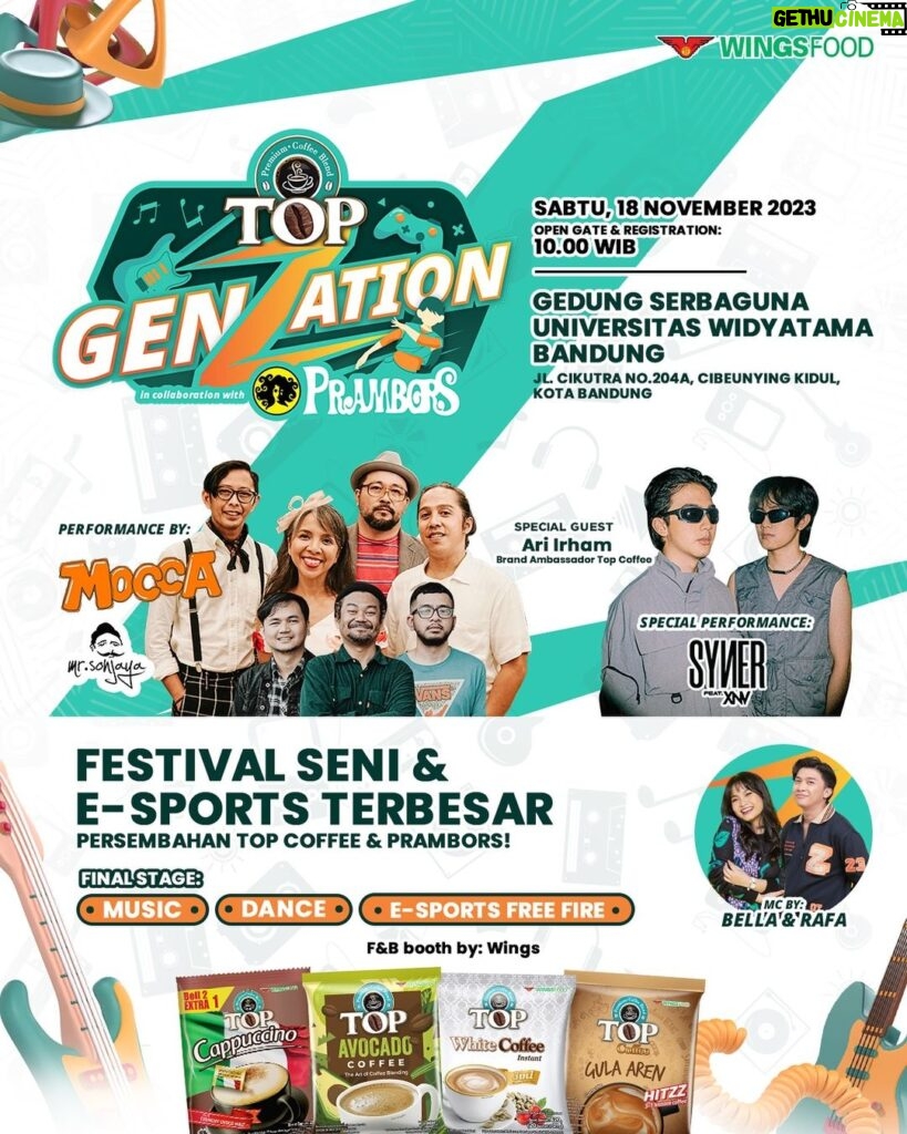 Ari Irham Instagram - Halo-halo Bandung! 🙌🏻 Top GenZation Fest @topcoffeeid in collaboration with Prambors bakal hadir di Bandung nih. Buat lo yang mau nyalurin bakat, atau cuma sekedar pengen nyari hiburan bisa banget nih buat mampir, dan tentunya GRATISS! Tandain nih di kalender lo: 📌 📅 Sabtu, 18 November 2023 📍 Gedung Serbaguna Universitas Widyatama Bandung 🕙 10.00 WIB - selesai 🎟 GRATISS Gue tunggu kehadiran lo di sana ya! 🎊 #TopGenZation #LetsCompeteMakeYourHitz #KopinyaOrangIndonesia