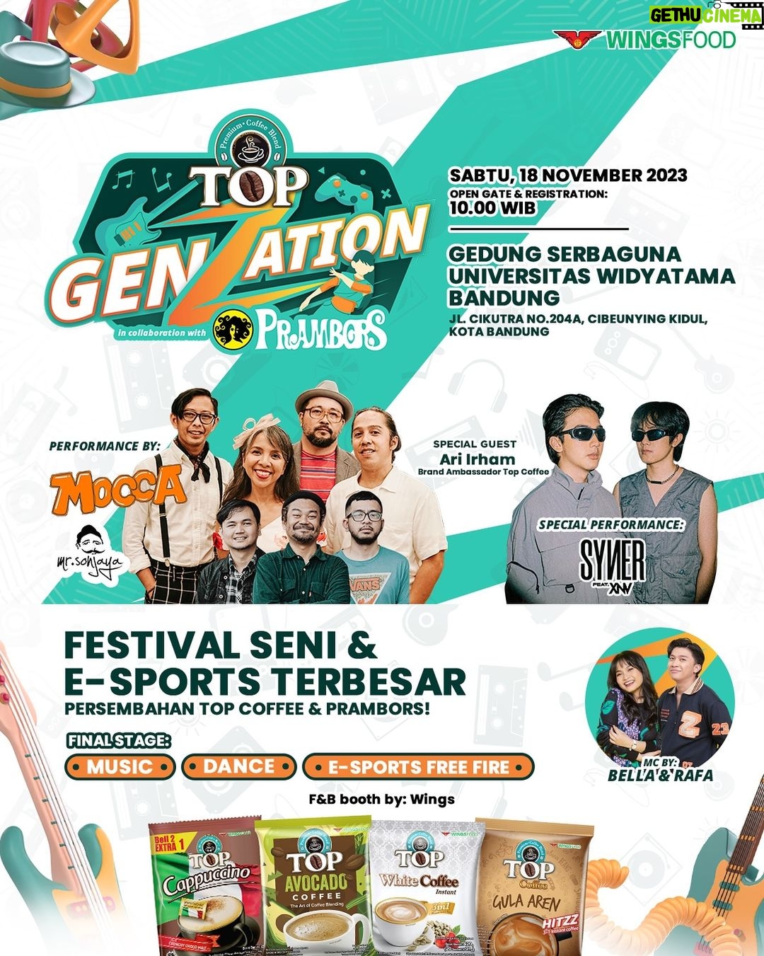 Ari Irham Instagram - Halo-halo Bandung! šš» Top GenZation Fest @topcoffeeid in collaboration with Prambors bakal hadir di Bandung nih. Buat lo yang mau nyalurin bakat, atau cuma sekedar pengen nyari hiburan bisa banget nih buat mampir, dan tentunya GRATISS! Tandain nih di kalender lo: š š
Sabtu, 18 November 2023 š Gedung Serbaguna Universitas Widyatama Bandung š 10.00 WIB - selesai š GRATISS Gue tunggu kehadiran lo di sana ya! š #TopGenZation #LetsCompeteMakeYourHitz #KopinyaOrangIndonesia