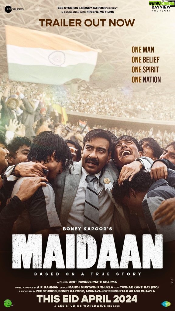Arjun Kapoor Instagram - A team that carved its legacy with every kick.. A man who devoted his life to the game... And one #Maidaan where the whole world witnessed it all... Bringing the Golden Era of Indian Football to life...#MaidaanTrailer Out Now! Interestingly, for the team that has worked on this film, the journey has been no different...one filled with passion, team work, sleepless nights (of many including my dad), resilience & an undying spirit of making things happen, despite the pandemic and multiple unforeseen obstacles. But It’s here, it’s now ... It’s Wow! ♥️⚽🏆✨ #MaidaanOnEid #AajaoMaidaanMein @ajaydevgn @pillumani @gajrajrao @boney.kapoor @zeestudiosofficial @iamitrsharma @arrahman @manojmuntashir @bayviewprojectsllp @freshlimefilms @saiwyn @rudranilrudy @writish1 @joysengupta04 @akashaagaya @saregama_official @hydfcofficial @indianfootball @varun.tripuraneni @kalyanchaubey
