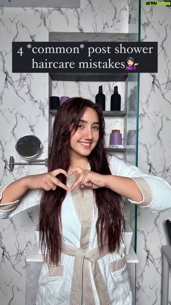 Ashnoor Kaur Instagram - 4 most common mistakes:- 1. Your hair are weaker while wet, so by trying to detangle them, you are only causing more breakage= more hair loss= more damage💀❌ 2. ⁠And while excessive heat from a hair dryer can damage your hair more than not using a dryer at all, blow-drying your hair at the right distance and temperature can actually cause less damage than letting your hair air-dry. One thing to keep in mind is that the choice of a drying method should depend on your hair type, texture, hair style, and hair goals. That’s because when hair comes in contact with water, it swells. The longer the swelling goes on while the hair is wet, the more pressure it puts on the proteins keeping your hair intact, which can lead to more damage. Blow-drying can add style and volume, but if your hair is more processed, blow-drying can be more damaging compared with letting your hair air-dry🫠 3. ⁠It’s best to apply serums to damn hair, reducing frizz, detangling it, and providing it with additional hydration and nourishment that makes your hair feel strong and healthy. Hair serums also help deflect environmental pollutants when you step out and thus protect your hair💁🏻‍♀ 4. ⁠Microfibers are also positively charged, meaning they attract negatively charged dirt and grease. Plus, they are more absorbent too✨