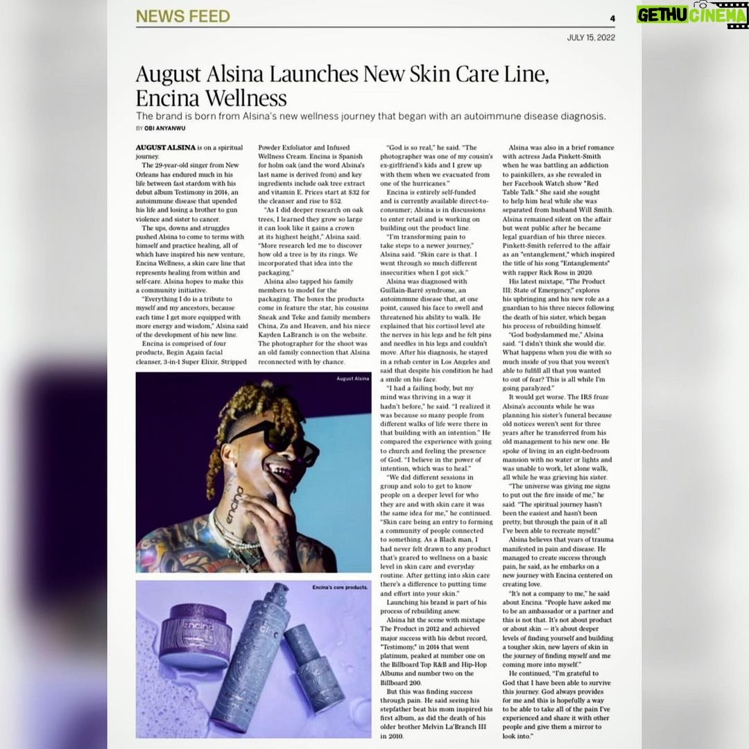 August Alsina Instagram - Thankyou @wwd for the write up & chatting w/ me about my most prized possession @encinawellness geared toward constant evolution and the sharing of tools and wisdom gained along the way as we grow. Thankyou for your love and assistance on this path. 🤞🏽💯 @obianyanwu