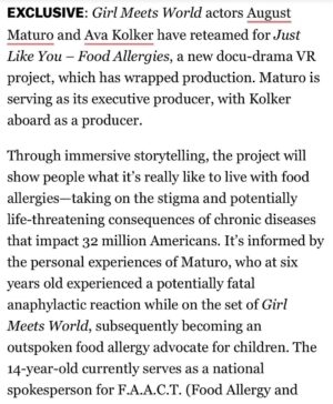 August Maturo Instagram - We are so excited to announce our new project. We are producing and starring in this film together and our hope is that this film will save lives and create a kinder world for people who live with food allergies.