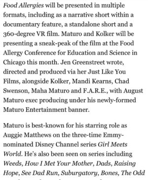 August Maturo Instagram - We are so excited to announce our new project. We are producing and starring in this film together and our hope is that this film will save lives and create a kinder world for people who live with food allergies.