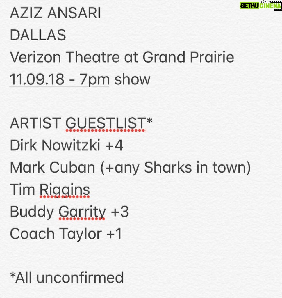 Aziz Ansari Instagram - See ya tonight Dallas. Guestlist full but some tickets avail at azizansari.com