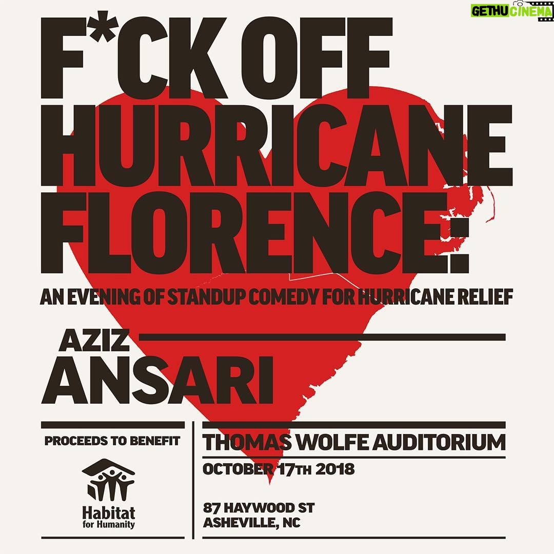 Aziz Ansari - 42.1K Likes - Special hurricane relief show added. 100% of proceeds go to Habitat for Humanity for hurricane relief in the Carolinas. Tickets on sale NOW at azizansari.com
As you may know, I grew up in SC and my parents now live in NC. The Carolinas have always been good to the Ansari family, so come out and hear some jokes for a good cause.
Thanks to LiveNation/A.C.E. and the Thomas Wolf Auditorium for helping us put this show on.