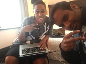 Aziz Ansari Instagram - Hanging with my amazing tv/real life friend @hillmangrad. We're writing a dope Denise episode for season 2 and watching a lot of 90s r and b vids in between.