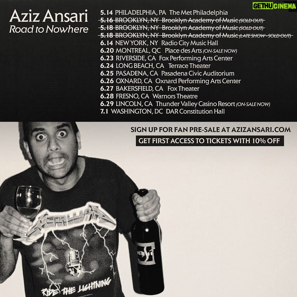 Aziz Ansari Instagram - NEW TOUR DATES: Philly, NYC, DC, Montreal, lots in California -  go to azizansari.com to sign up for fan pre-sale and get 10% off tickets. Starts tomorrow at 10AM local time.