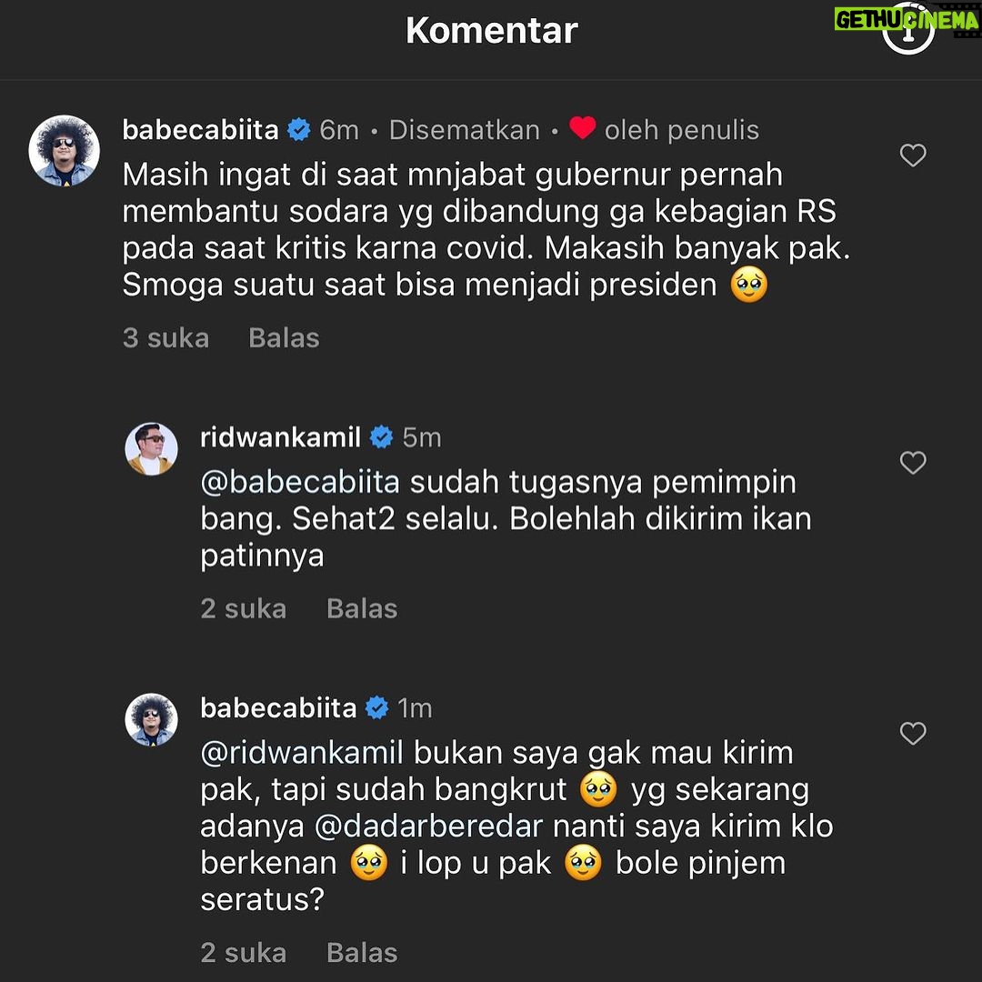 Babe Cabita - 81.3K Likes - Sedih juga liat postingan @ridwankamil pamit jadi gubernur jabar padahal aku bukan warga jabar. Bapak salah satu pemimpin paporit aing 🔥