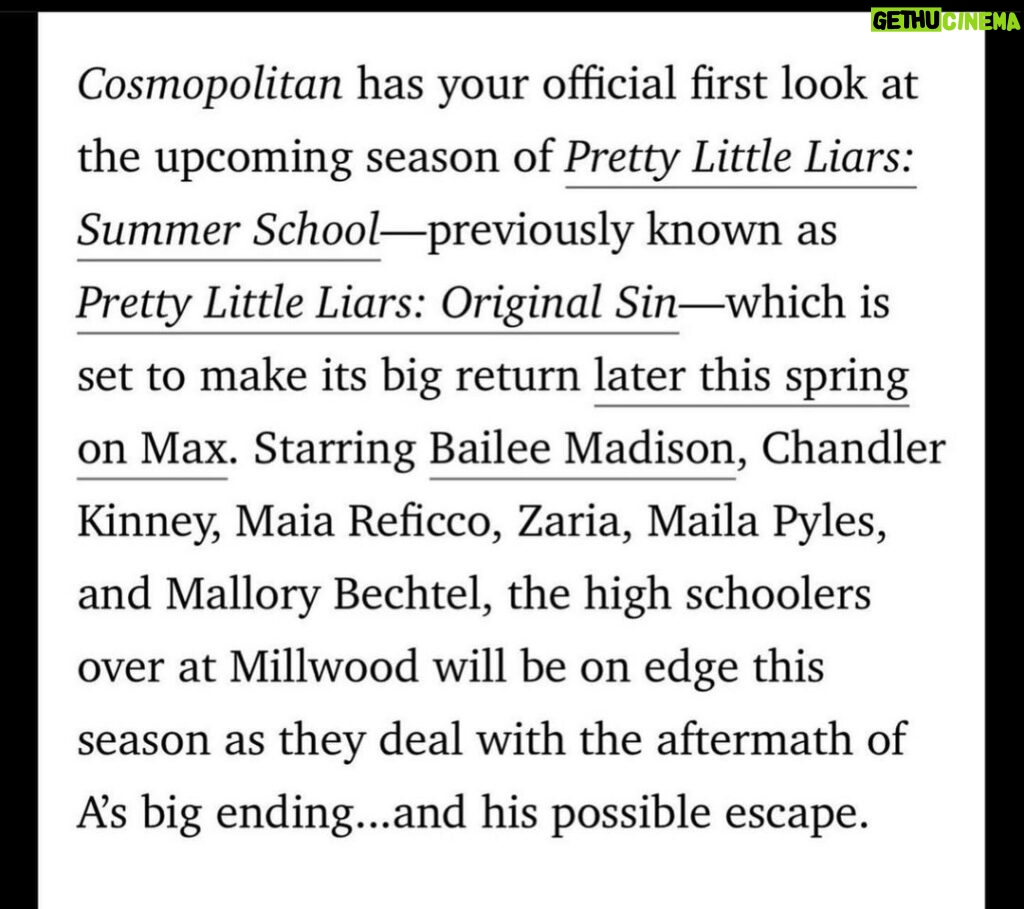 Bailee Madison Instagram - Sunny days 🅰️nd killer nights = a Final Girl Summer🔪 @cosmopolitan has your FIRST look at @prettylittleliars summer school , plus @writerras & @lindsaycbring are sharing some hottttt gossss-ip ! Season Two is coming to @streamonmax this spring , and I promise you… you aren’t ready…. I freaking love these women, and this season.