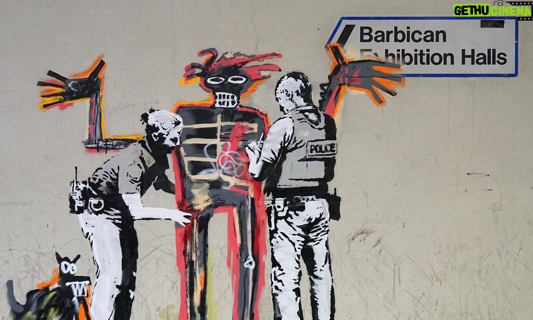 Banksy Instagram - Portrait of Basquiat being welcomed by the Metropolitan Police - an (unofficial) collaboration with the new Basquiat show.