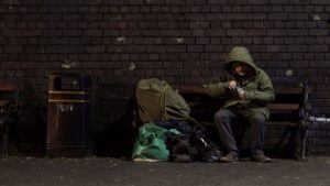 Banksy Instagram - .
God bless Birmingham.
In the 20 minutes we filmed Ryan on this bench passers-by gave him a hot drink, two chocolate bars and a lighter - without him ever asking for anything.