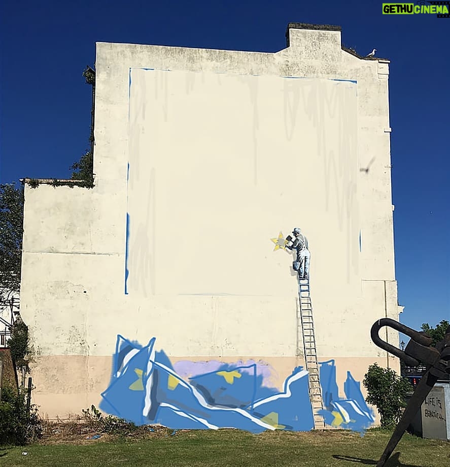 Banksy - 813.5K Likes - .
Oh.
I had planned that on the day of Brexit I was going to change the piece in Dover to this..
But seems they’ve painted over it.
Nevermind. I guess a big white flag says it just as well.