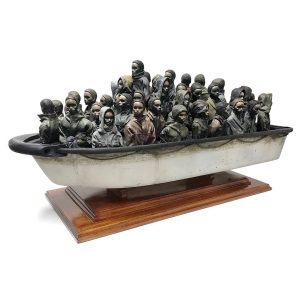 Banksy Instagram - .
I'm raffling one of the boats from Dismaland for £2 at www.choose.love

Fully remote controlled, top speed 3 knots, batteries included.

Just guess how much it weighs. It’s on display at the pop-up Help Refugees shop. 30 Fouberts Place, Carnaby Street, London until competition closes 22nd December.