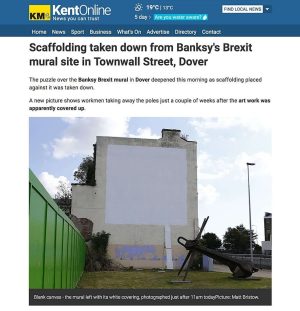 Banksy Instagram - .
Oh.
I had planned that on the day of Brexit I was going to change the piece in Dover to this..
But seems they’ve painted over it.
Nevermind. I guess a big white flag says it just as well.