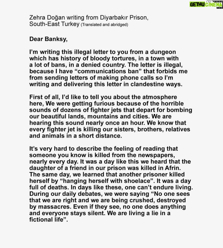 Banksy Instagram - . I got a letter from Zehra Doğan in Diyarbakır Prison, Turkey