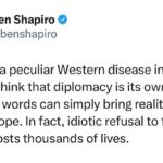 Ben Shapiro Instagram – Saying “two-state solution” over and over does not actually manifest a peace partner with which Israel can make a deal. Foreign policy isn’t Beetlejuice.