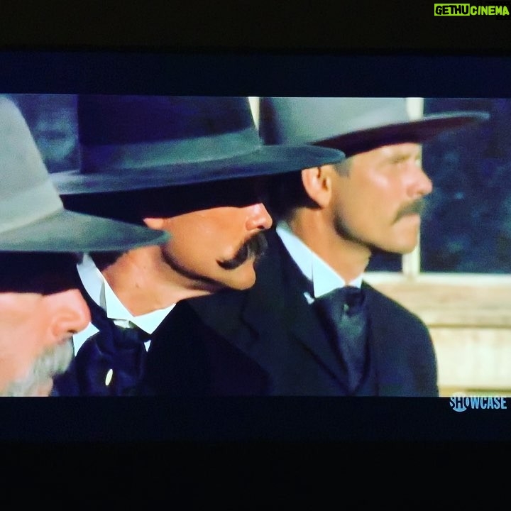 Ben Stiller Instagram - I’ll always stop and watch this, purely for coolest wardrobe, attitude and facial hair. They rock the ‘staches fully and without irony. And pull it off without question. #kurtrussell #SamElliot #BillPaxton the Man, @officialstephenlang #moustache, @valkilmerofficial, #thomashadenchurch #longcoat #90s #envious #I’myourhuckleberry