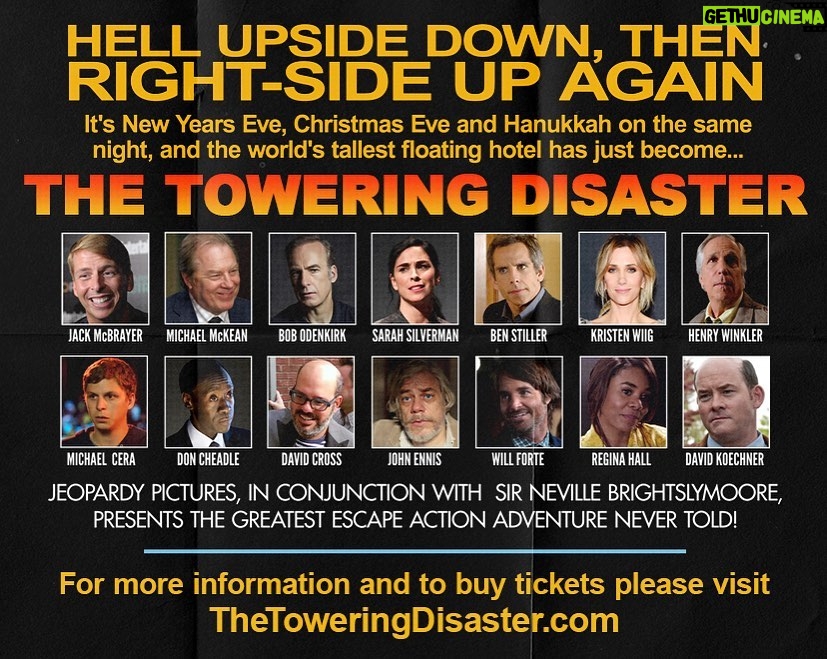 Ben Stiller Instagram - Breaking: JULY 25TH, 8pm Eastern… LIVE table read of recently discovered script from 1975: "THE TOWERING DISASTER” *FEATURING ALL STAR CAST* to benefit @eji_org and @directrelief Get tickets at: http://TheToweringDisaster.com #TheToweringDisaster #BLM #COVIDrelief