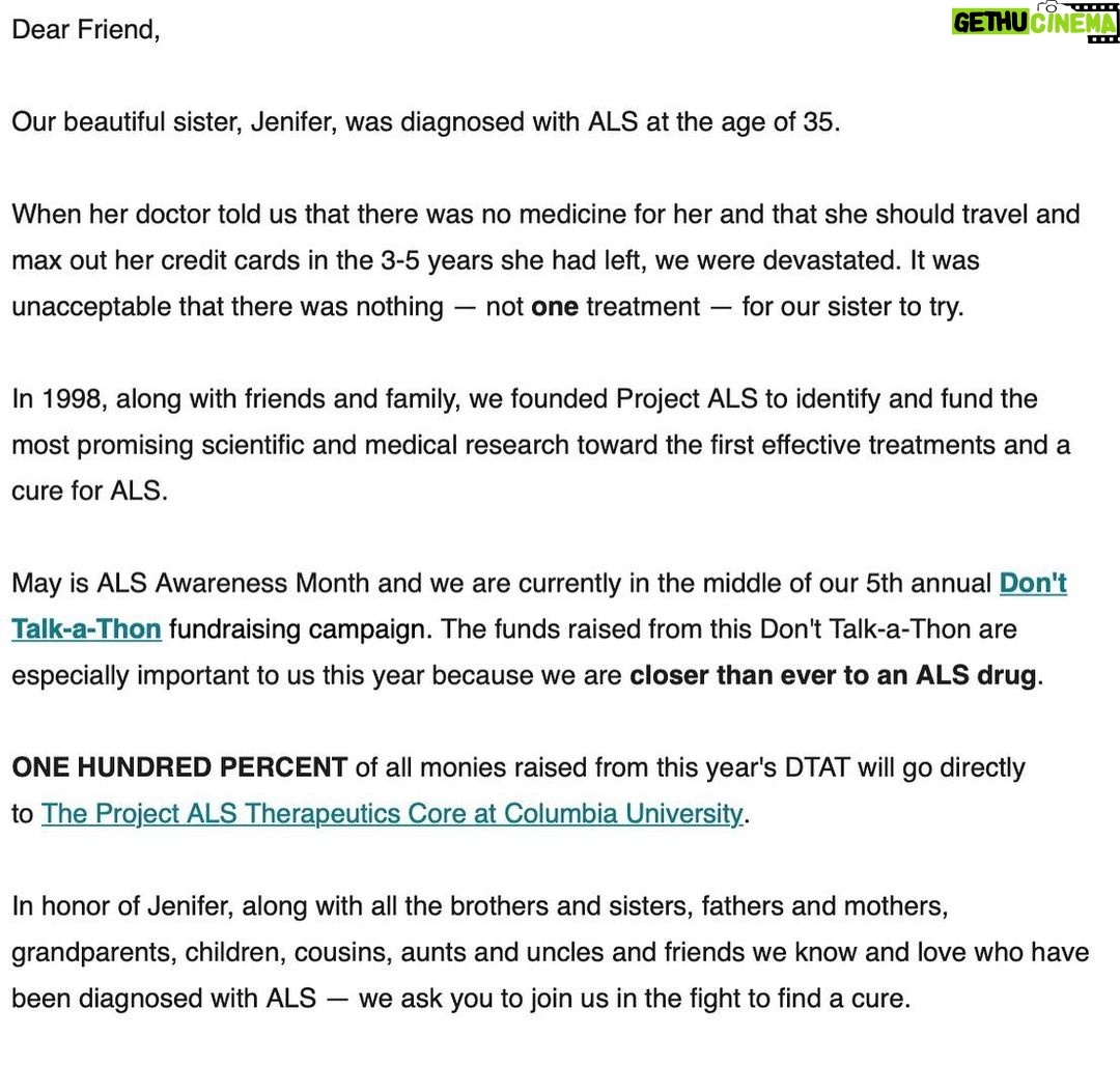 Ben Stiller Instagram - May is ALS Awareness Month. It’s a devastating disease with no cure but a treatment is closer than ever. In honor of Jenifer, please help us raise as much money as possible! #DTAT2019 @ProjectALS https://fundraise.projectals.org/dtat4jenifer