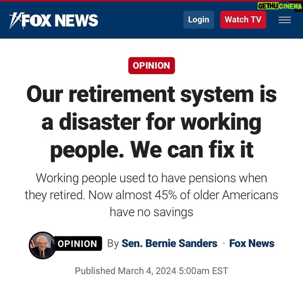 Bernie Sanders Instagram - If Congress can provide trillions of dollars in tax breaks to billionaires and large corporations, if Congress can bail out the crooks on Wall Street, please do not tell me that Congress can’t support a secure retirement for working Americans. Read my op-ed here: https://www.foxnews.com/opinion/retirement-system-disaster-working-people-fix