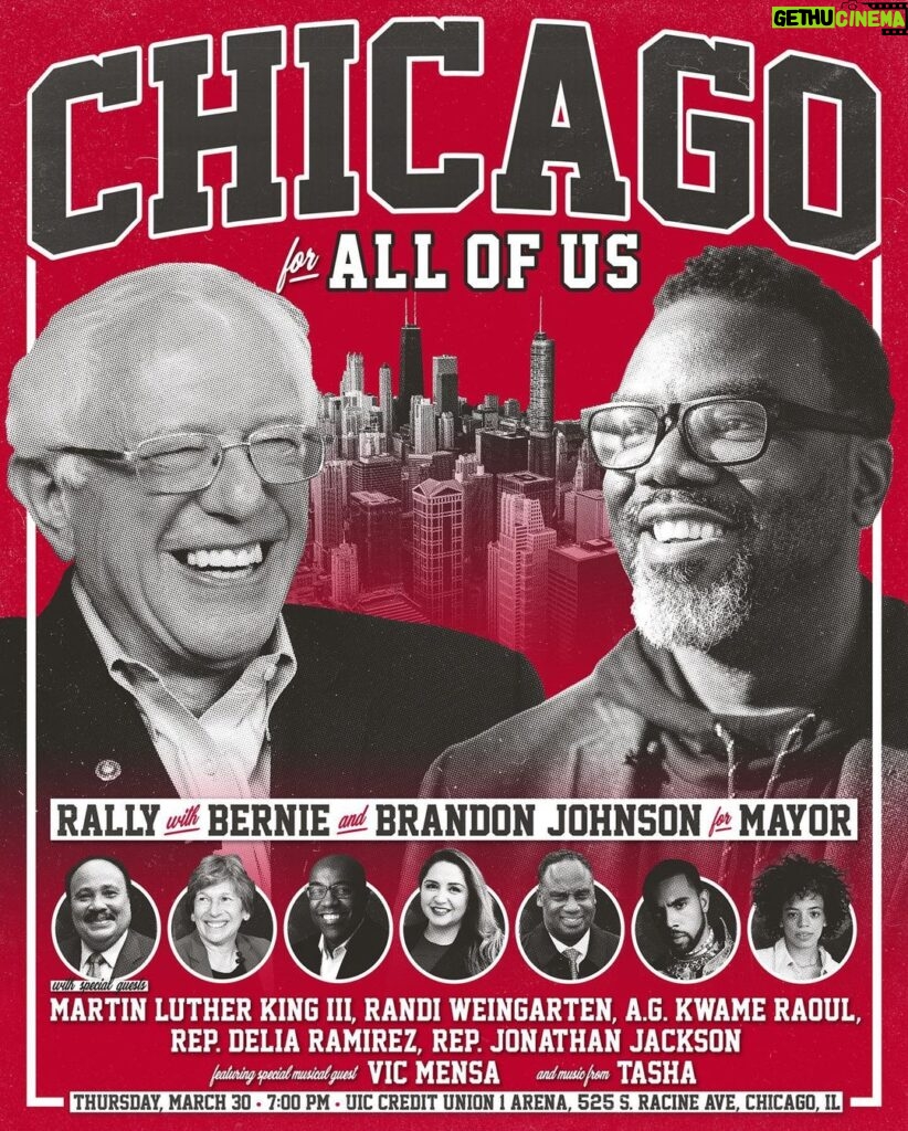 Bernie Sanders Instagram - TONIGHT IN CHICAGO: In electing @brandon4chicago, working families will finally have a Chicago for all of us, not just the wealthy few. Join us TONIGHT at 7 PM CT at the UIC Credit Union 1 Arena as we rally ahead of Election Day. Credit Union 1 Arena at UIC