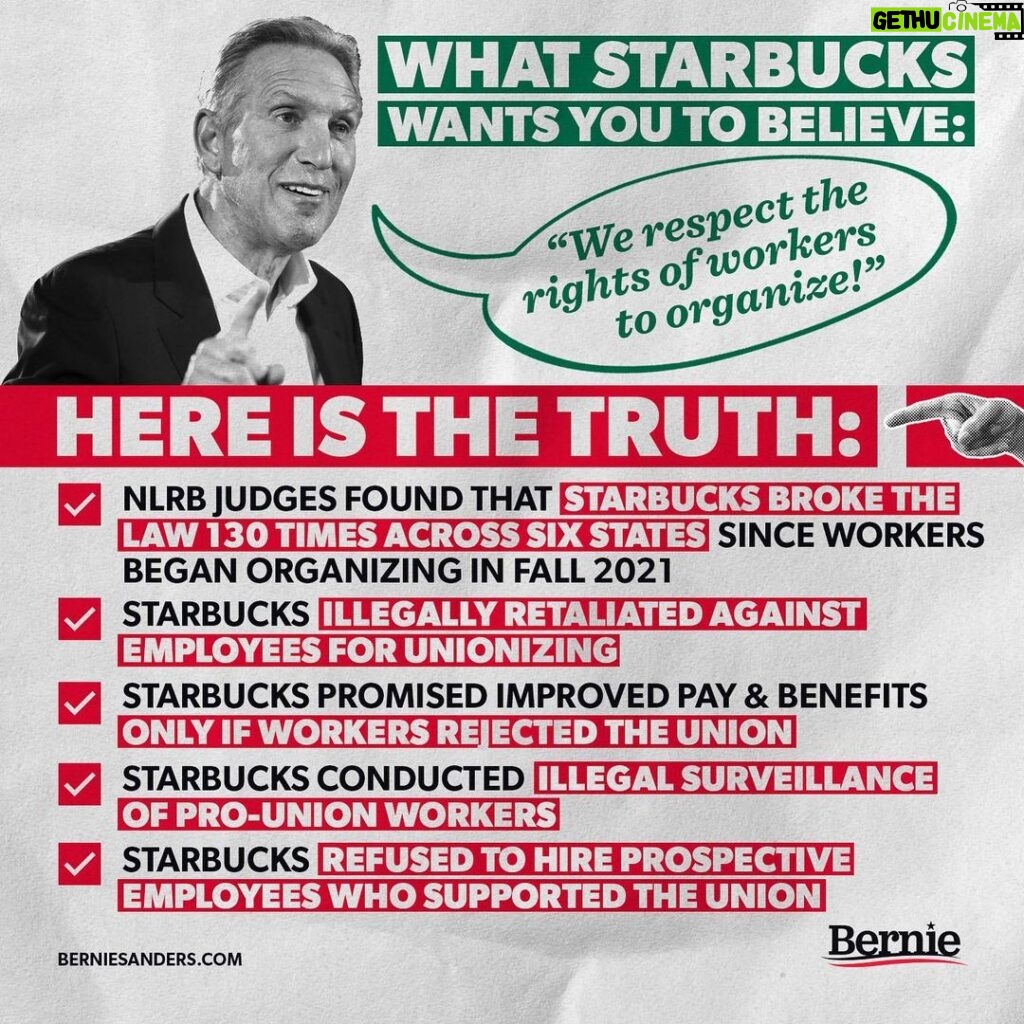 Bernie Sanders Instagram - For months, Starbucks has said that the company respects the rights of workers to organize. The sad fact is that nothing could be further from the truth.